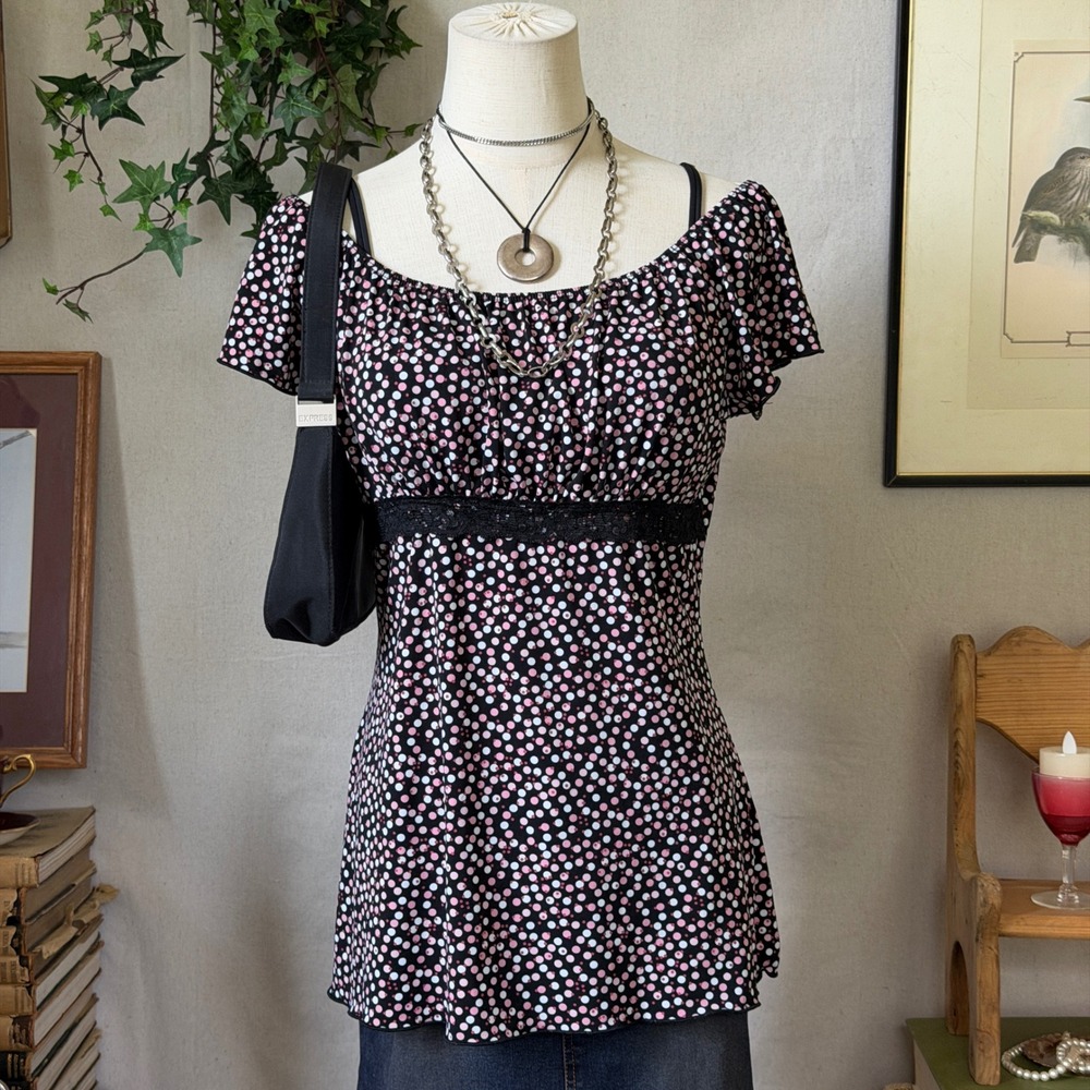 Baydoll Black Pink Polka Dot Flutter Sleeve Top Lace Trim Y2K Coquette M Girly